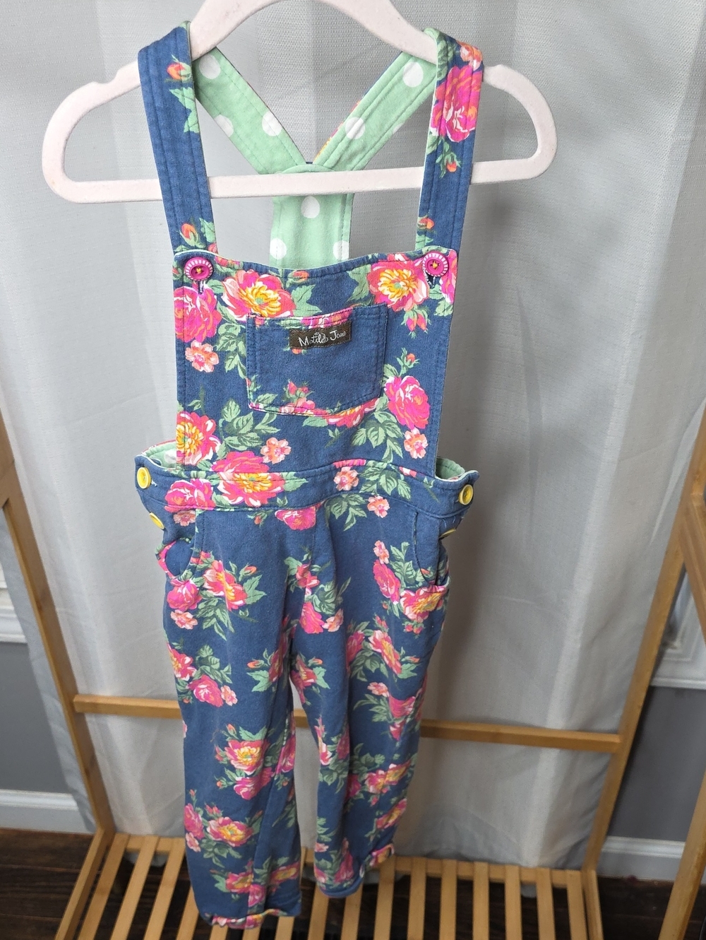 Matilda Jane Denim Overalls with Pink Floral and Mint Dot Lining